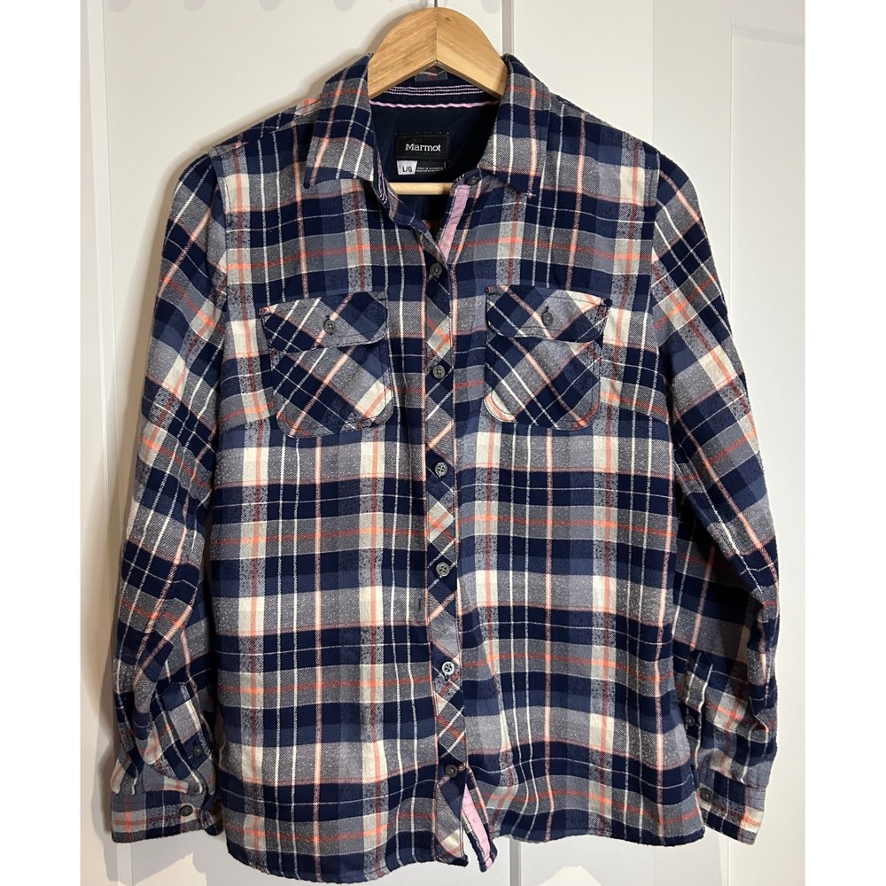 Marmot Womens Plaid Flannel Button Down Shirt Large L/G‎ L travel layering